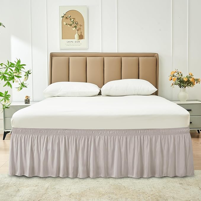 Biscaynebay Wrap Around Bed Skirts for King & Cal King Beds 17" Long Drop, Camel Grey Adjustable Elastic Dust Ruffles Easy Fit Wrinkle Resistant Silky Luxurious Fabric Machine Washable