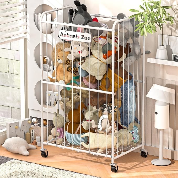 210L Stuffed Animal Storage Organizer Plush Toy Storage Organizer Stuffed Animal Holder, Kids Toy Bins with Wheels, Metal Frame and Elastic Cord Design, Suitable for Storage of Big Toys