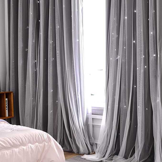Kinryb Kids Blackout Curtains for Bedroom/Living Room/Classroom, Sheer Overlay 2 Free Tiebacks, Double Layer Curtains with Star Cutout for Kids Room(Each Piece W 70 x L 84 Inches 2 Pcs Chocolate)