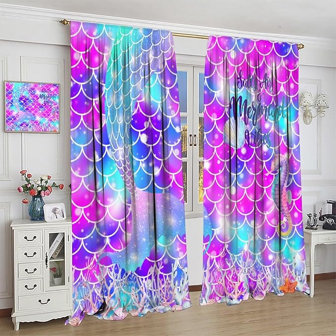 Dream Mermaid Curtains for Kids Boys Girls Ocean Theme Colorful Rainbow Fish Tail Blackout Window Treatment for Bedroom Nursery Room Decor Window Drapes 63" W X 72" L