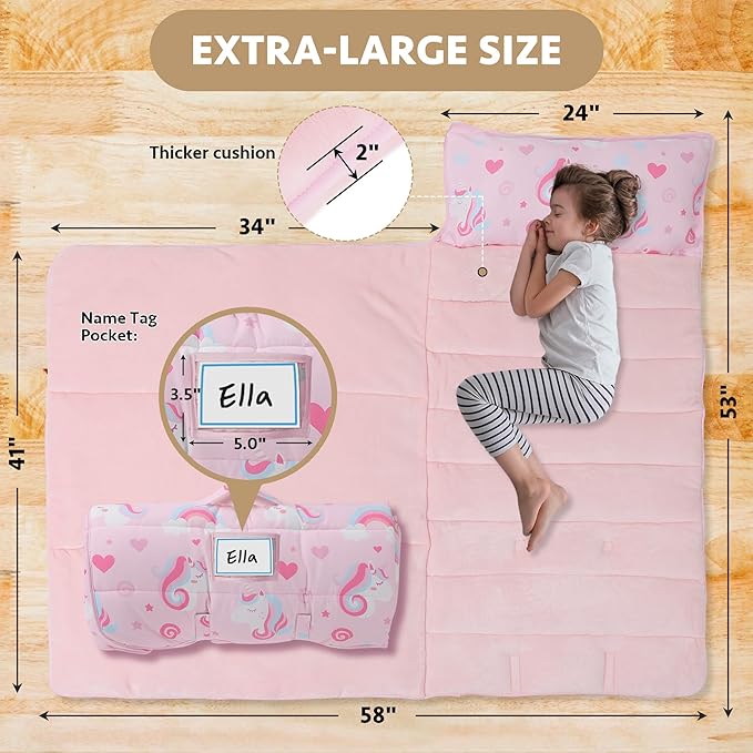 Toddler Nap Mat with Detachable Pillow & Blanket - Soft Plush Minky Fleece Kids Sleeping Bag for Daycare, Preschool & Travel - Portable Roll-Up Design with Carry Handle - Boys Girls Ages 3+