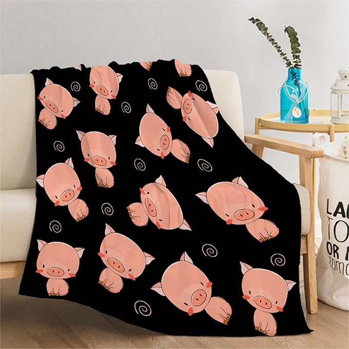 Thuswarm Cute Piggy Kawaii Pig Black Flannel Throw Blanket Warm Cozy Soft Funny Print Blankets for Bed Couch Sofa Room Decoration Gifts 60"×50" Medium for Teen