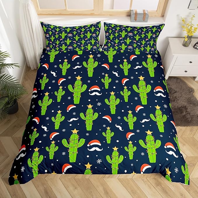 Feelyou Christmas Duvet Cover Boys Cartoon Cactus Xmas Theme Bedding Set for Kids Teens Ultra Soft Snowflake Comforter Cover Set New Year Bedspread Cover Room Decor Twin Size Bedclothes Zipper