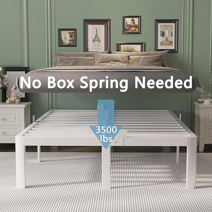 Full Size Bed Frame 14 Inch White, Metal Bed Frame Full with Gaskets, No Box Spring Needed, Heavy Duty Steel Plarform Supprt, Rounded Corner Design, Reserved Holes, Noise Free, Storage Space