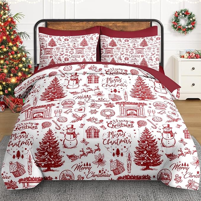 7 Pcs King Size Christmas Comforter Set with 2 Pillowcases & 2 Shams, Happy Xmas Red Pine Tree Bedding for Kids and Adults, Merry Winter Bed in a Bag with Flat Fitted Sheet