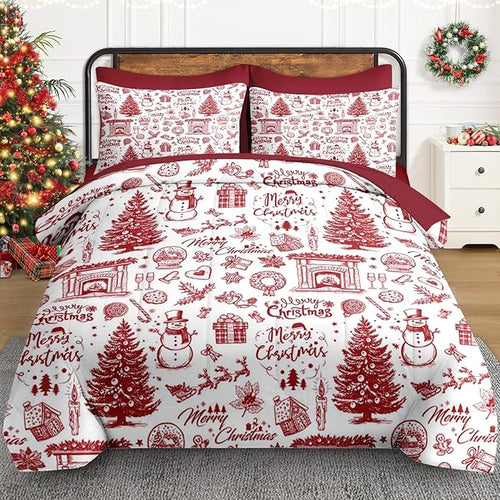 5 Pcs Twin Size Christmas Comforter Set with Pillowcase & Sham, Happy Xmas Red Pine Tree Bedding for Kids and Adults, Merry Winter Bed in a Bag with Flat Fitted Sheet