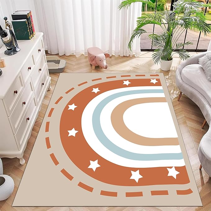 Machine Washable Rainbow Rugs Bedroom Fluffy Plush Soft Area Rugs Star Rainbow Patterns Living Room Non-Slip Indoor Flooring Kids Girls Boys Home Decor Aesthetics 2x4ft