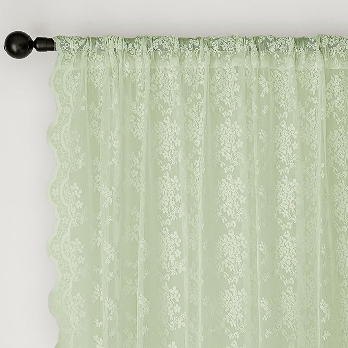 Anmao Vintage Lace Curtains 108 Inches Long 2 Panels, Romantic Semi Sheer Floral Lacy Curtain for Living Room, Elegant Window Drapes for Bedroom, Each 55W x 108L, Light Green