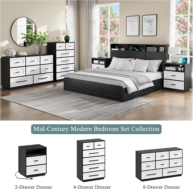 Nightstand Set of 2 with Charging Station, End Table with 2 Drawers Storage, Space-Saving Wood Storage Cabinet with Unique Base Design, Bedside Table for Bedroom, Living Room