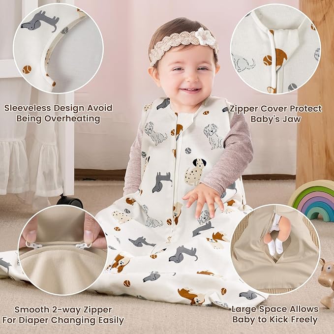 PHF Soft Baby Sleep Sack 12-18 Months 100% Organic Cotton Wearable Blanket, 2-Way Zipper 0.5 TOG Toddler Sleeping Sack 3 Pack, Comfy Sleep Bag for Baby Boys Girls, Pets Dogs (Large)