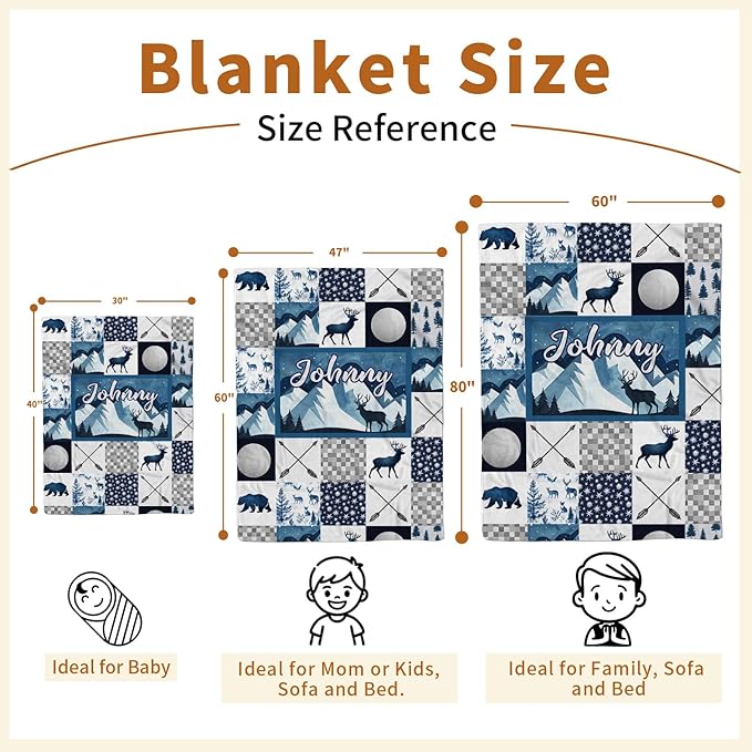 Personalized Baby Blankets for Girls Boys, Custom Blue Deer Baby Blanket with Name for Kids, Flannel Bed Throw Blanket for Newborn, Customized Gifts for Baby Shower Nursery Blanket(47" x60)