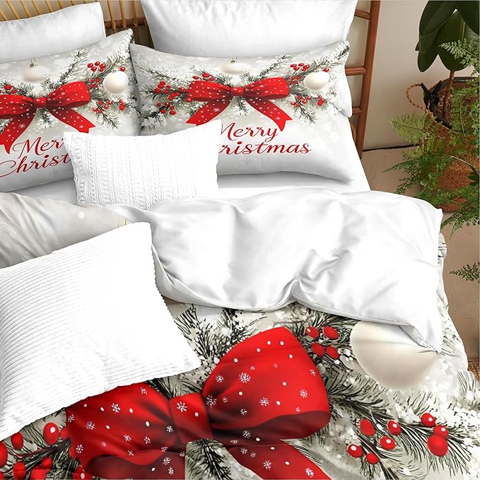 Christmas Duvet Cover Twin Size Merry Christmas Bedding Set Kids Boys Girls Red Bow Pattern Comforter Cover 2 Pcs with Zipper Closure (No Comforter)