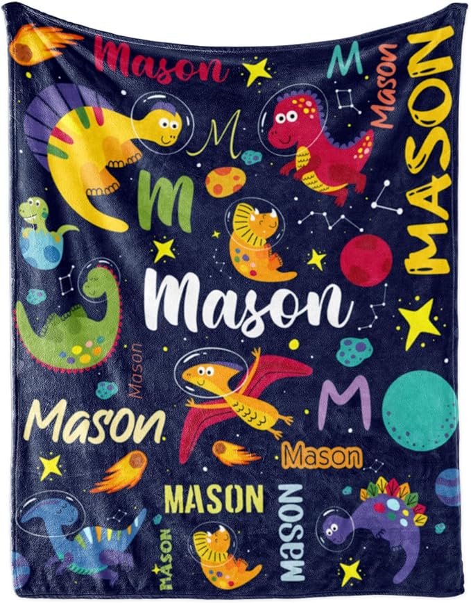 Custom Dinosaur Blanket for Boys, Personalized Name Blanket for Kids Dino Outspace, Soft Flannel Dinosaur Customized Gift for Birthday Christmas Baby Shower Children Day 40"x50"
