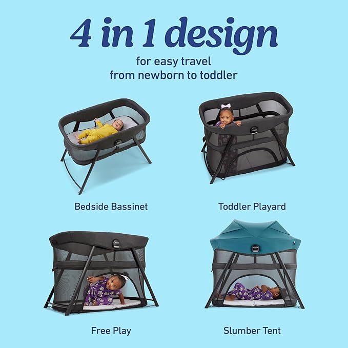 Graco Lite Traveler 4 in 1 Playard with 4 Modes, Bedside Bassinet, Toddler Playpen, Free Play and Slumber Tent Mode, Lightweight Portable Playard with Canopy and Carry Bag