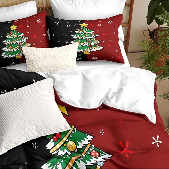 Christmas Duvet Cover Twin Size Black Red Christmas Tree Bedding Set 2 Pieces Kids Boys Girls Xmas Couple Holiday Comforter Cover with Zipper Closure and 1 Pillowcase (No Comforter)