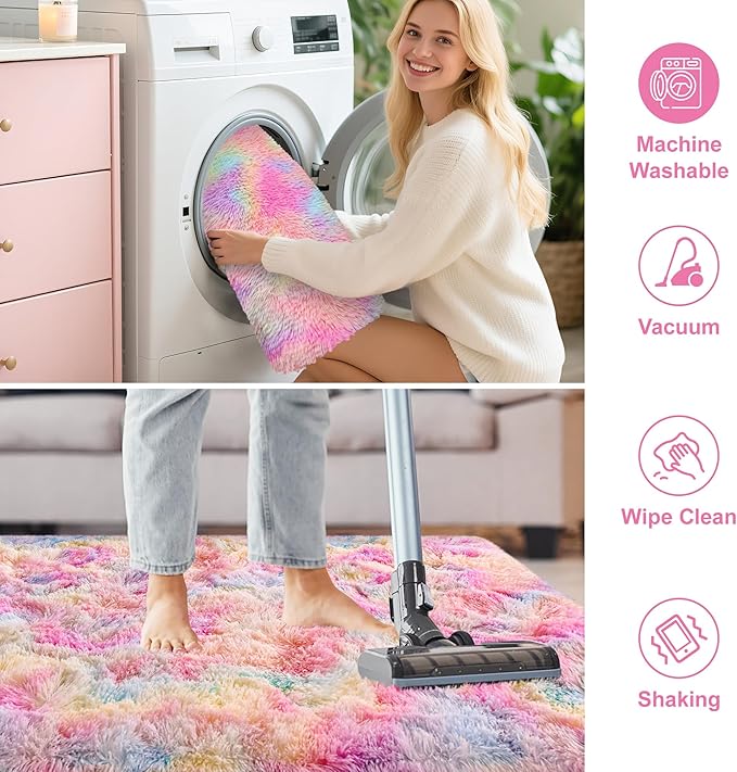 Soft Fluffy Area Rug 8x10 Plush Rainbow Rugs for Girls Bedroom Shaggy Carpet Kawaii Unicorn Rug for Living Room Fuzzy Nursery Rug for Baby's Toddler's Room Cute Colorful Room Decor for Kids