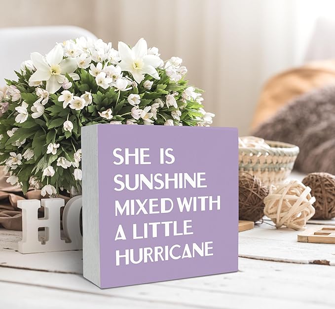 SRADMO She Is Sunshine Mixed with a Little Hurricane Boho Purple Wood Box Sign Desk Decor, Baby Girls Inspirational Wooden Box Decor for Girls Room Nursery Playroom Shelf Table Decorative Accessories