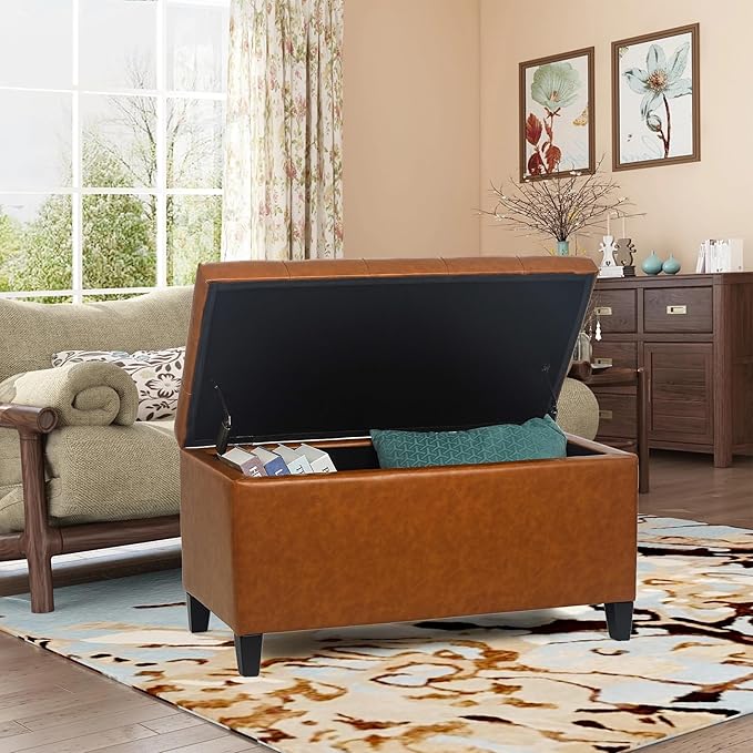 Asense Storage Ottoman Bench, Faux Leather Upholstered End of Bed Bench with Safety Hinge Wooden Legs, for Entryway Bedroom (Reddish Brown, 33.3")