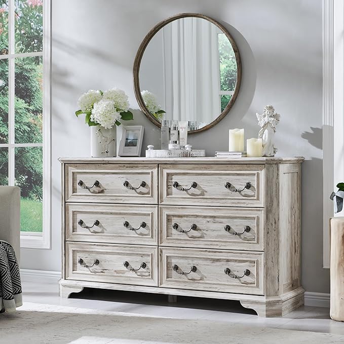 T4TREAM Farmhouse 6 Drawers Dresser for Bedroom, 54" Wide Wood Rustic Chest of Drawers with Natural Texture, Vintage Design, Storage Dressers Organizer for Bedroom, Living Room, Distressed White