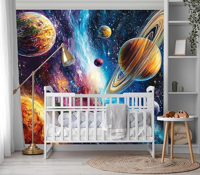 XMPMBM-Starry Sky Abstraction Art Graffiti Wallpaper Colorful Planets Nursery Room Boys Bedroom Bathroom Wall Mural- W 154" X H 105"（112 Square Foot）