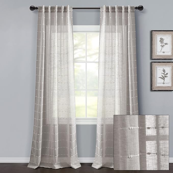 Lush Decor Farmhouse Textured Back Tab/Rod Pocket Sheer Window Curtain Panel Pair, 38"W x 84"L, Gray