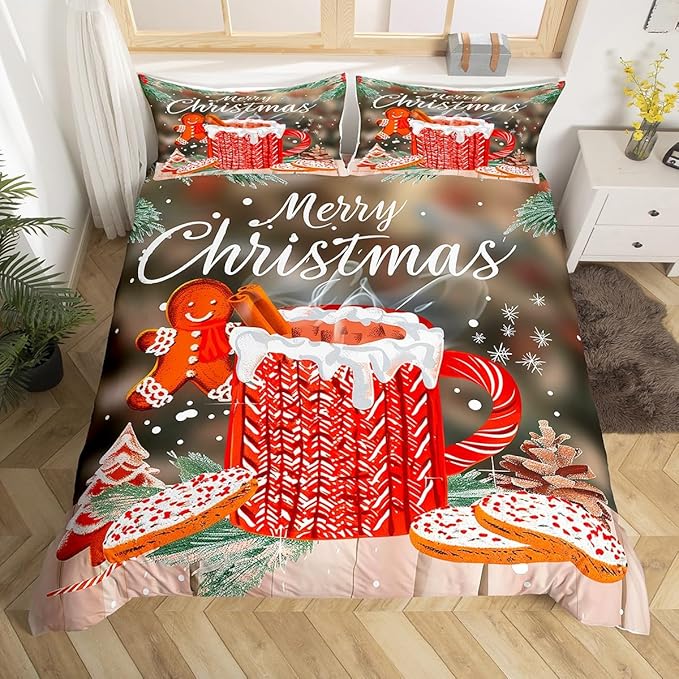 Manfei Christmas Duvet Cover Set Queen Size, Snowflake Pine Print Comforter Cover with 2 Pillowcases, New Year Theme Bedding Set 3pcs for Kids Boys Girls Bedroom Decor,No Comforter