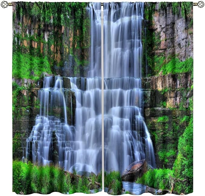 Nature Scenery Waterfall Blackout Curtains, Forest Waterfall Landscape Green Jungle Stone Falls Print Pattern Rod Pocket Window Drapes, for Bedroom Living Room 42" W X 63" L