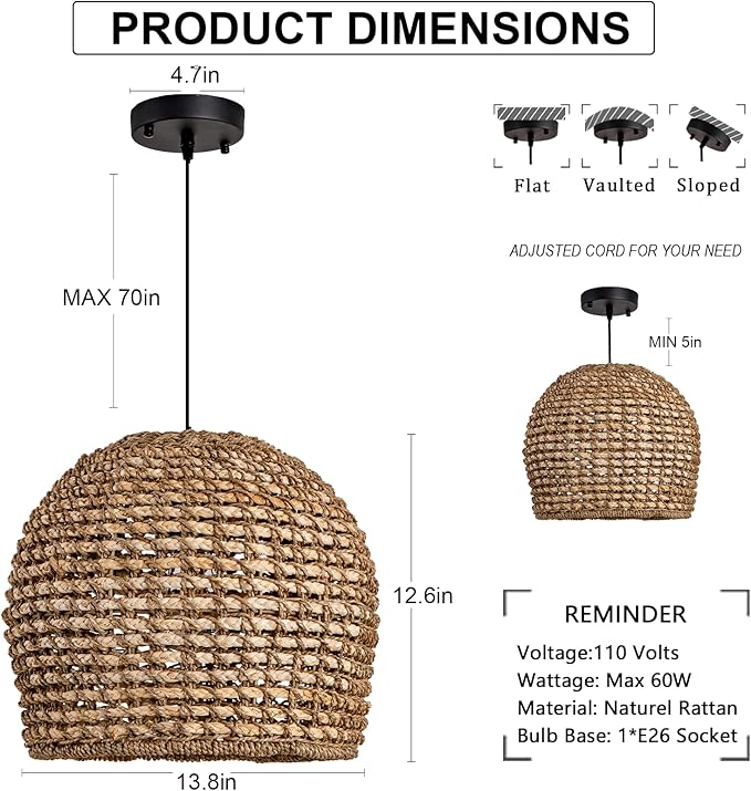 13.8inch Rattan Pendant Lighting, Brown Hand-Woven Dome Pendant Light Adjustable Boho Hanging Lamp Wicker Chandelier for Dining Room Kitchen Island Foyer Restaurant Bedroom Hallway