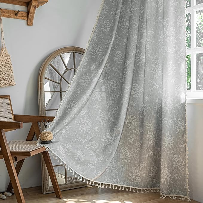 ENJOYBRIDAL Floral Curtains 63 Inch Long Grey Light Filtering Drapes Rod Pocket Bedroom Living Room Short Window Curtains 2 Panel Sets Semi Sheer Farmhouse Boho Cute Window Treatments