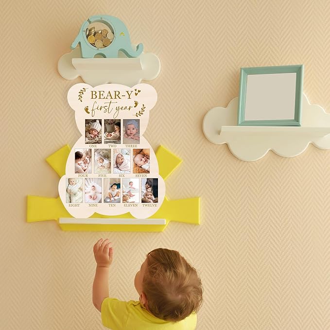 Bear My First Year Photo Board, Bear-Y Baby Milestone Signs for Boys Girls Nursery Decor, 12 Month Pictures for Baby First Year, Picture Board for 2x3 Photos, Best Babies Keepsake Gifts-A27