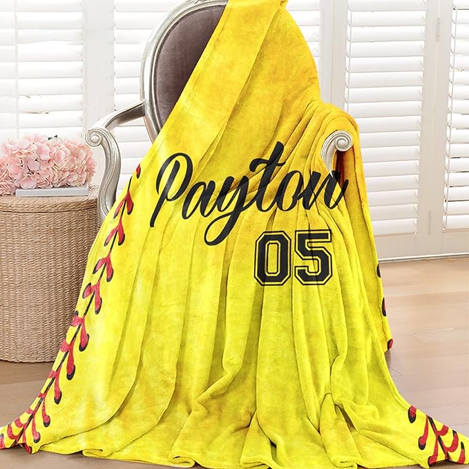 Personalized Softball Kids Blanket with Naumber and Name - Custom Sport Bed Blankets Gift for 0-3 Months Baby Essential - Super Warm and Comfortable 50x60inch