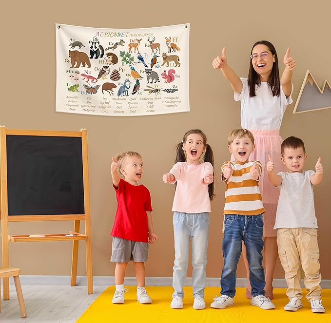 Alphabet poster for Nursery Toddlers,Playroom Wall Decor,ABC Wall Chart,Wall Rectangular Decor for Toddler Playroom Decor Kids Wall Décor-Woodland Alphabet-Banner Flag Wall Sign Decor Gift