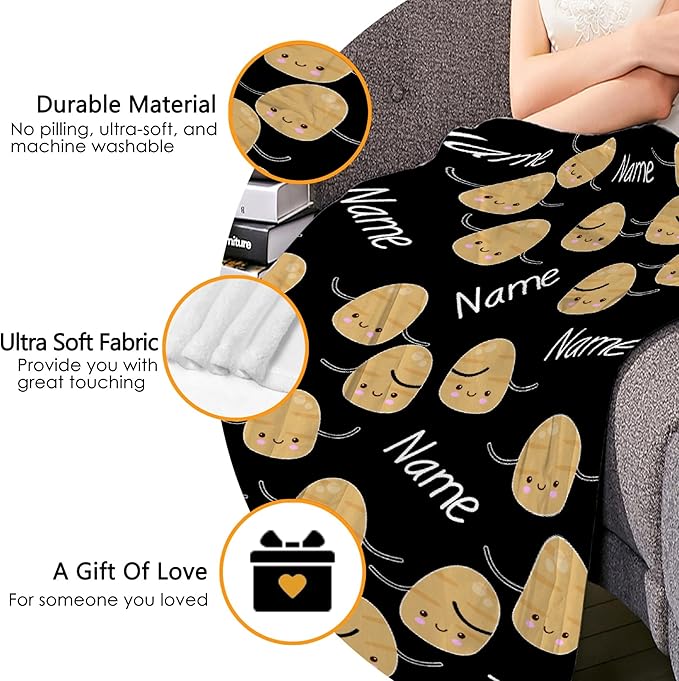 Thuswarm Custom Flannel Blanket with Text Cute Potato Kawaii Black Customized Blankets Warm Unique Personalized Throw Souvenirs Gift of Love