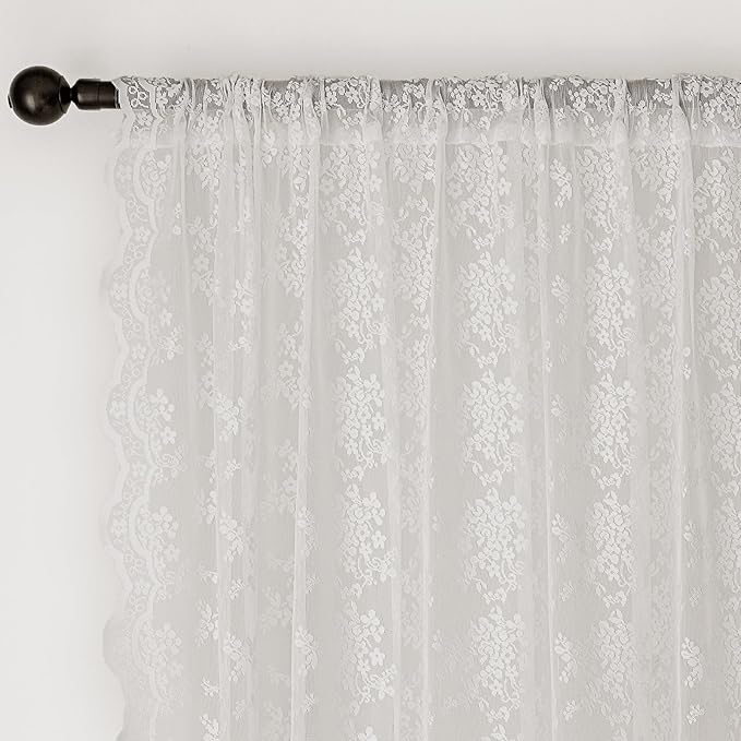Anmao Vintage Lace Valance Kitchen Curtains 24 Inches Long 2 Panels, Semi Sheer Floral Over Sink Lacy Cafe Curtain, Elegant Window Short Small Drapes, 55W x 24L, White Plum