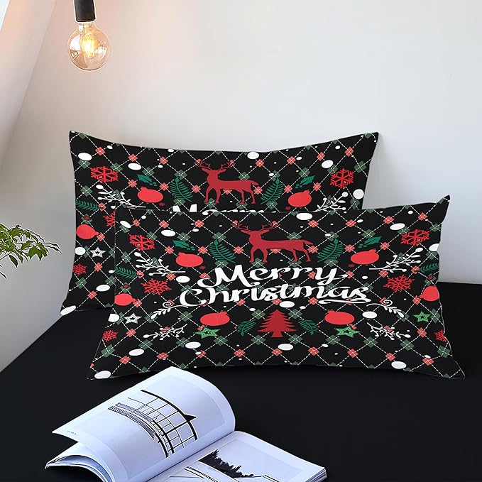 Christmas Duvet Cover King Size Black Christmas Tree Bedding Set Kids Boys Girls Happy Holiday Xmas Comforter Cover 3 Pieces with Zipper Closure (No Comforter)