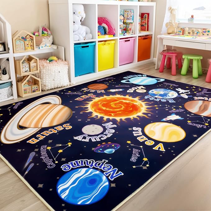 Kids Rugs for Playroom, 4x5 Feet Educational Rug for Learn The ABC Alphabet, Soft Machine Washable Non-Slip Cute Space Galaxy Carpet for Classroom Toddler Nursery Kids Room Decor Mat