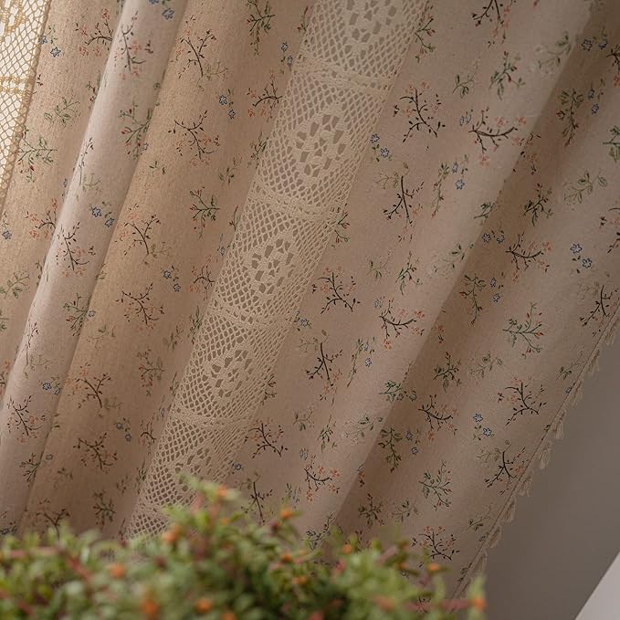 ENJOYBRIDAL Floral Curtains 63 Inch Length 2 Panels Crochet Lace Patchwork Drapes Semi-Sheer Boho Tassel Bedroom Living Room Farmhouse Short Beige Small Country Rustic Rod Pocket Window Curtain