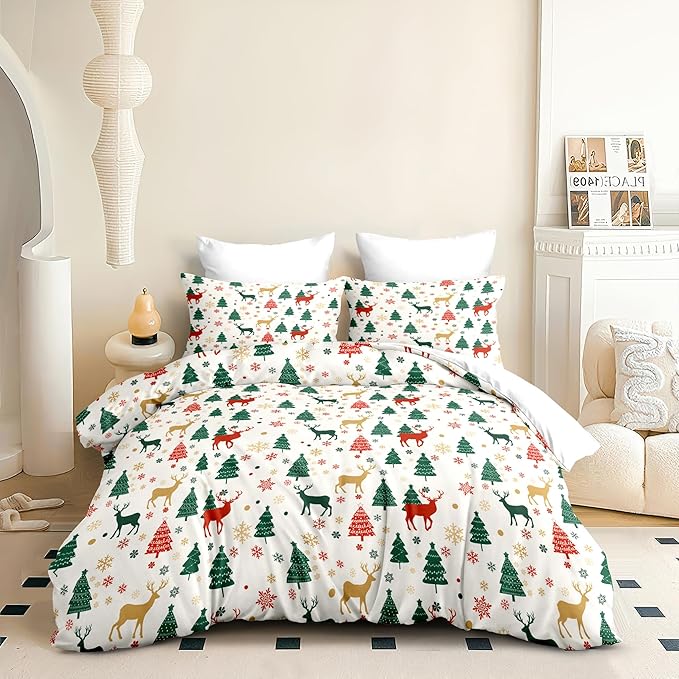 Christmas Duvet Cover Queen Size Green Christmas Tree Bedding Set 3 Pcs Kids Boys Girls Xmas Deer Pattern Comforter Cover with Zipper Closure (No Comforter)