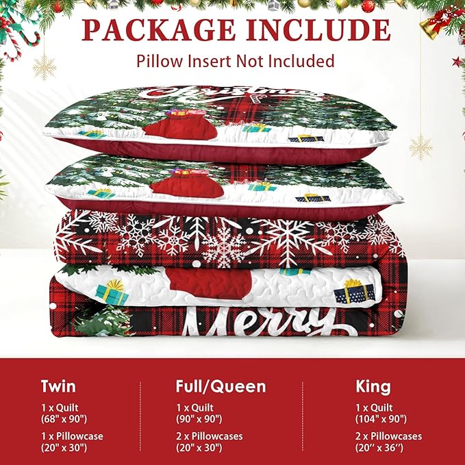 Christmas King Size Quilt Set, Green Cartoon Trees Lightweight Bedspread Coverlet with Pillow Shams for Kids and Adults, Black Red Plaid 3 Pcs Bedding Bed Cover