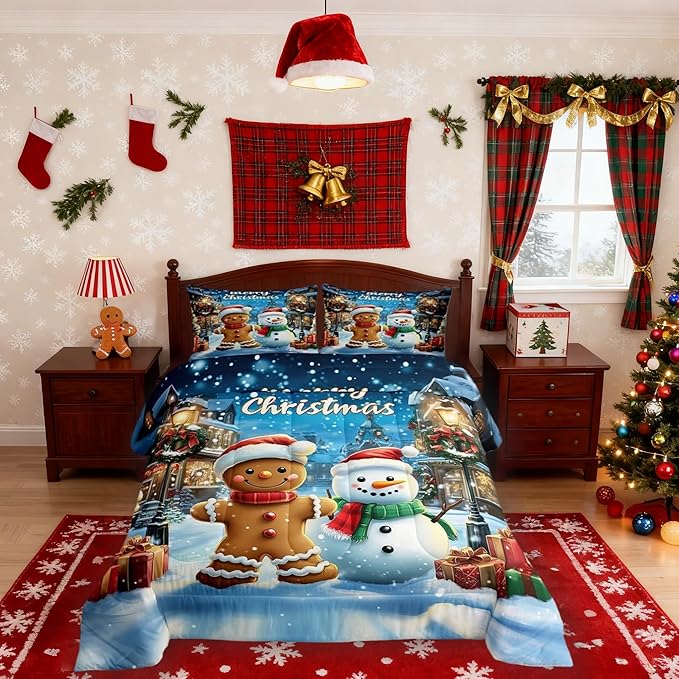 Gingerbread Man Kids Bedding Set King Size,Cute Snowman Merry Christmas Comforter Set,Snowflake Winter Xmas Poinsettia Quilt Comforter,Blue Brown Bedroom Duvet Insert,2 Pillowcases