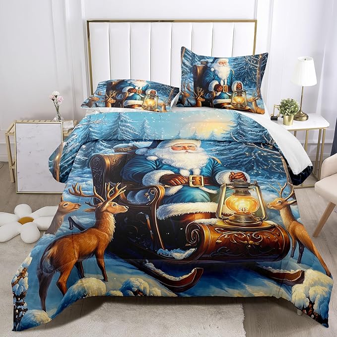 Raphus cucullatus Christmas Bedding Full,Christmas Comforter Set,Santa Claus Decor Holiday Bedding Winter Quilt,Santa Claus Comforter Set,Snowflake Navidad Quilt Set,Cute Reindeer Quilt