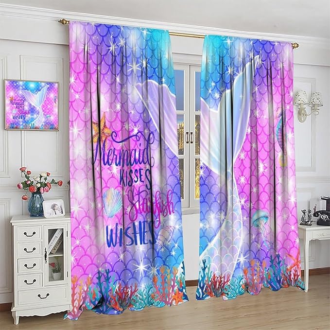 Kids Fantasy Mermaid Curtains Dream Colorful Mermaid Fish Tail Scale Fantasy Ocean Theme Window Treatment for Girls Bedroom Nursery Room Decor Window Drapes 42" W X 45" L