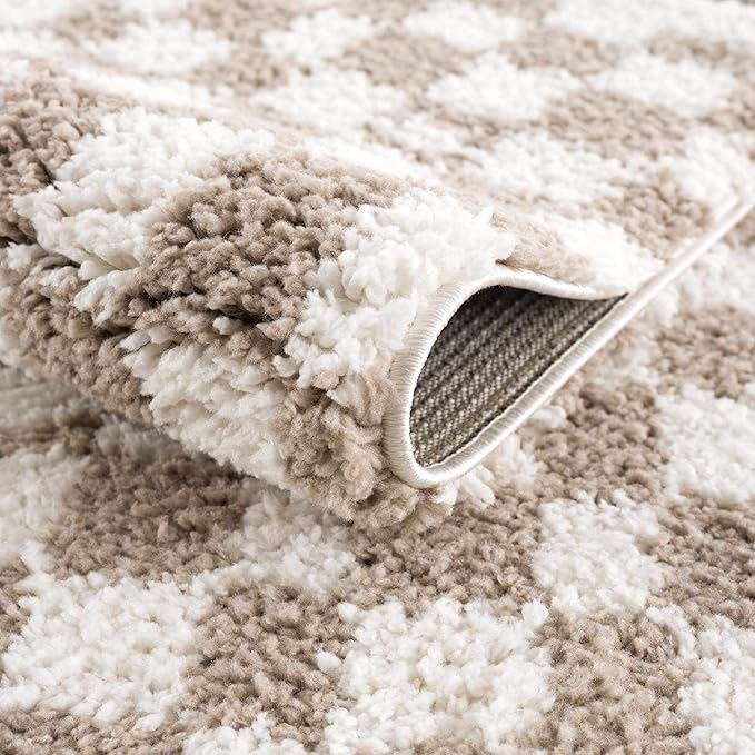 Hauteloom Kieu Contemporary Checkered Fluffy Shag Area Rug - Modern Geometric Soft Carpet Tiles for Living Room, Kids Room, Nursery - Gray, Taupe, White - 7'10" x 10'