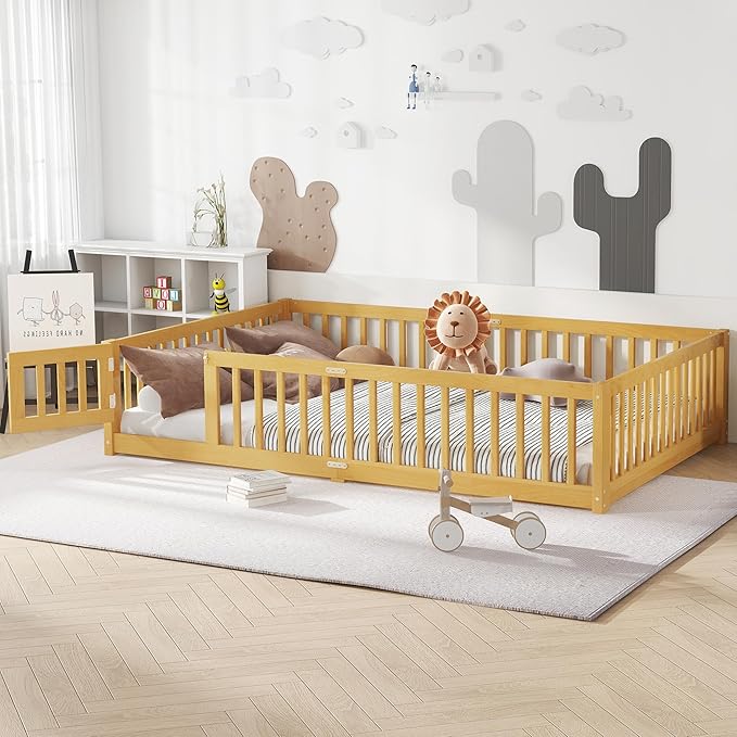 Bellemave Queen Size Floor Bed for Kids, Girls, Boys, Wood Floor Bed with slats and Door, Natural