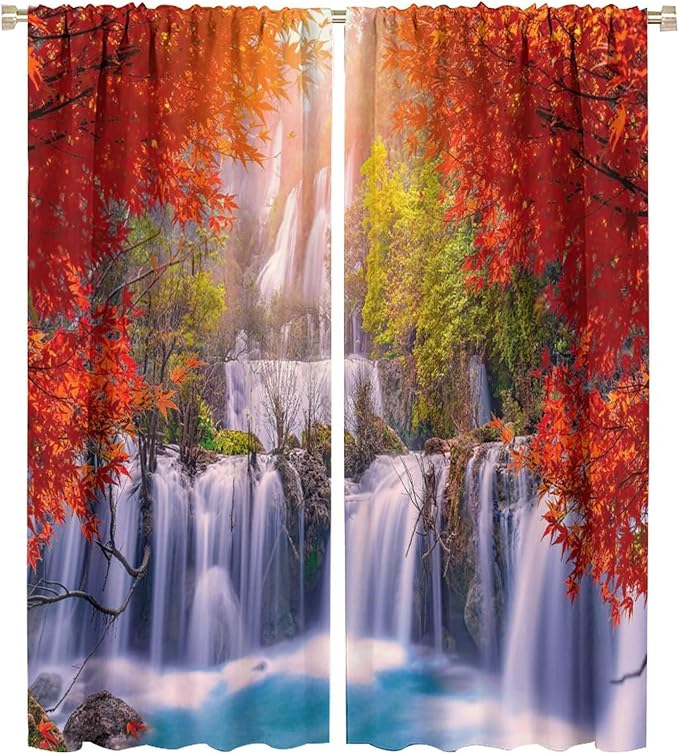Forest Waterfall Blackout Windows Curtains, Autumn Red Green Maple Leaves Jungle Rainforest Natural Scenery Landscape Curtains, for Living Room Bedroom 42x54in 2 Panels