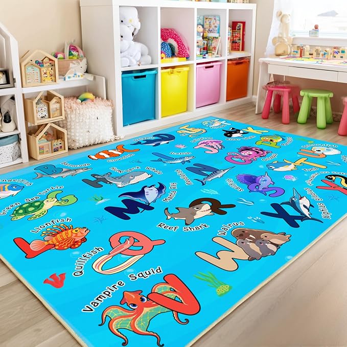 Kids Rugs for Playroom, 4x5 Ft Ocean Rug Baby Play Mat ABC Alphabet Rug Soft Machine Washable Non-Slip Educational Carpet for Classroom Toddler Nursery Kids Room Decor, Blue
