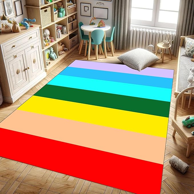 Soft Rainbow Area Rugs Girl's Bedroom Fluffy Colorful Rugs Furry Kids Play Mats Simple Rainbow Line Print Living Room Kids Room Nursery Home Decor 6x8ft