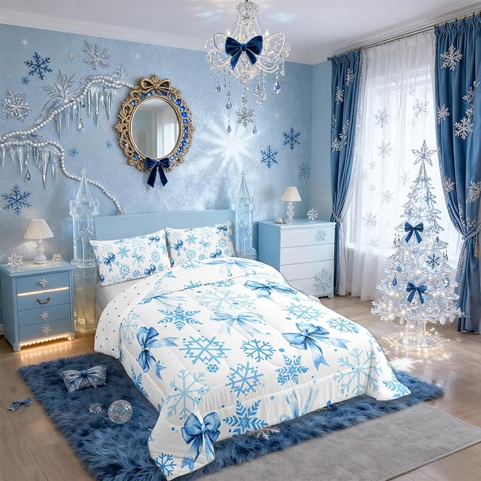 Lovely Bowknot Kids Comforter Set Queen Size,Dreamy Bowknot Dots Snowflake Bedding Set,Room Decor,Winter Merry Christmas Girly Quilt Comforter,Blue White Duvet Set Bedroom Quilt Set,2 Pillowcases