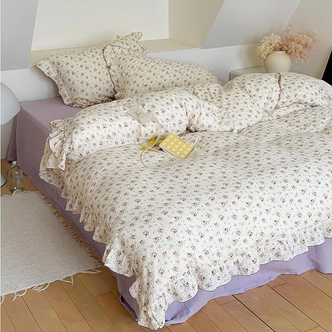BuLuTu Muslin Cotton Kids Duvet Cover Twin Size, 68"x86", Shabby Chic Crape Flower Design Girls Quilt Cover Vintage Princess Style Bedding Ruffled Comforter Cover Floral Print, No Pillowcase
