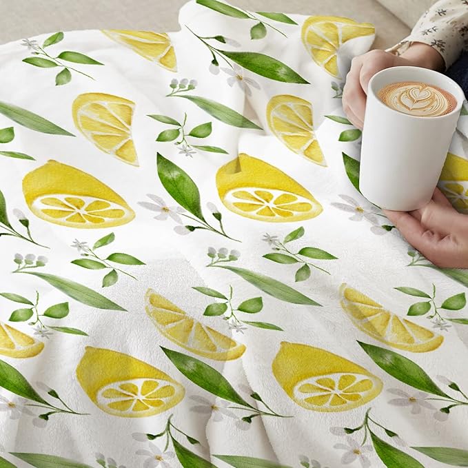 Thuswarm Watercolor Lemon Fruit Print Flannel Throw Blanket Warm Cozy Soft Funny Print Blankets for Bed Couch Sofa Room Decoration Gifts 80”×60” Large for Adult